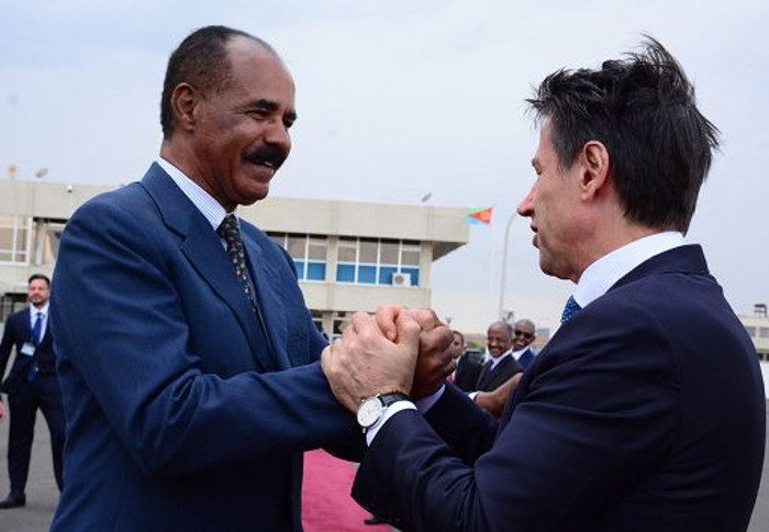 Italy&rsquo;s prime minister visiting Eritrea and shaking hands with Isaias Afwerki in Asmara, 2018. https://www.meltingpot.org/Nuovi-imperialismi-in-Eritrea-Gli-interessi-economici-nell.html