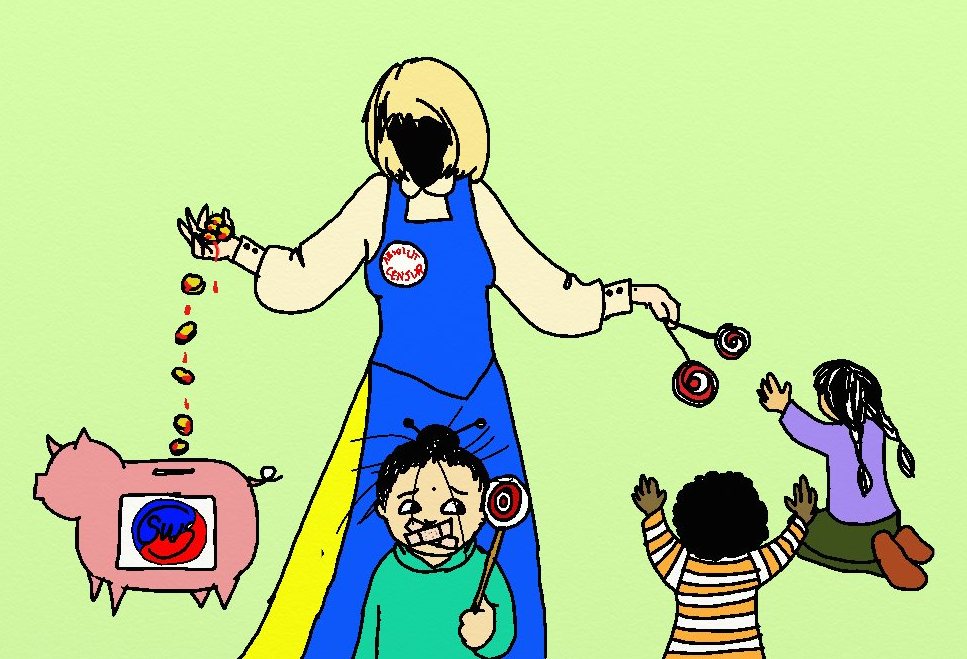 En figur utan ansikte i blont h&aring;r och sverigedr&auml;kt, med en knapp med texten Absolut Censur, h&aring;ller en h&ouml;g blodiga pengar i ena handen. De rinner ner i en sparb&ouml;ssa med en koreansk Taegeuk-symbol och texten SWS. Med andra handen ger figuren slickepinnar till tv&aring; barn som rasifieras som annat &auml;n vita. Ett barn till st&aring;r i f&ouml;rgrunden och h&aring;ller i en slickepinne. Hennes mun &auml;r &ouml;vertejpad med tv&aring; korslagda pl&aring;ster. Hon tittar mot de andra barnen.