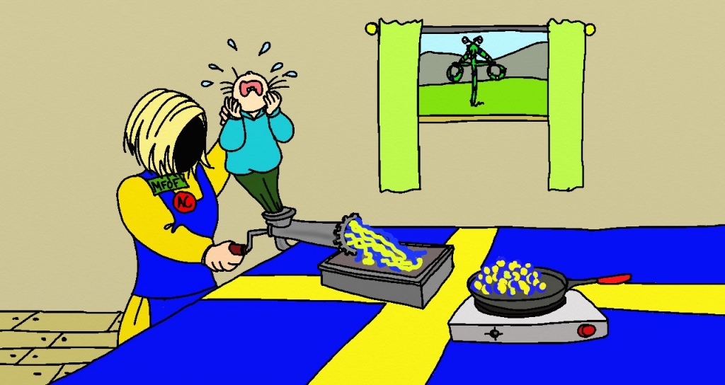  En figur i blont h&aring;r och Sverigedr&auml;kt, med tv&aring; knappar med texten "MFOF" respektive "AC" p&aring;, st&aring;r i ett rum med en midsommarst&aring;ng utanf&ouml;r f&ouml;nstret. P&aring; ett bord med en stor svensk flagga som duk st&aring;r en k&ouml;ttkvarn. Figuren mal ner ett gr&aring;tande barn i kvarnen. Ut kommer gult och bl&aring;tt k&ouml;tt. Bredvid k&ouml;ttkvarnen st&aring;r en kokplatta med en stekpanna p&aring;, d&auml;r gula och bl&aring; k&ouml;ttbullar h&aring;ller p&aring; att stekas.