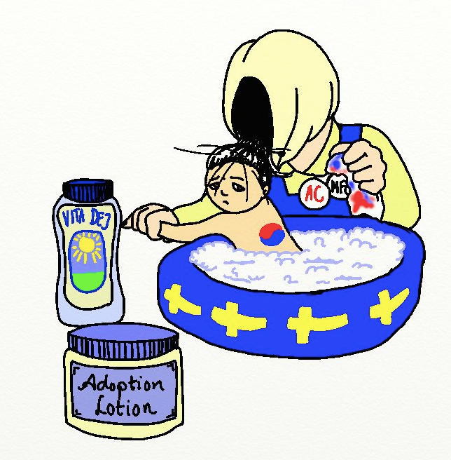 En figur i blont h&aring;r och Sverigedr&auml;kt, med knappar som det st&aring;r AC och MFOF p&aring;, badar ett barn i en balja med svenska flaggor p&aring;. P&aring; barnet finns en koreansk Taegeuk-symbol m&aring;lad. Figuren h&aring;ller barnets h&auml;nder h&aring;rt och torkar med en trasa symbolen, som f&auml;rgat av sig p&aring; trasan. Bredvid barnet st&aring;r en burk med texten "Vita Dej" och en sol p&aring; etiketten, och en burk med texten "Adoption Lotion".